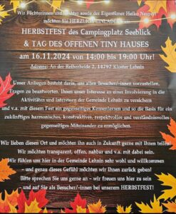 Herbstfest des Campingplatz Seeblick
Tag des offenen Tiny Hauses
Programm